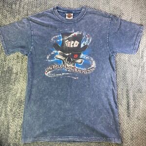 Harley Davidson Skull Top Hat Cards Vintage T Shirt Mens Medium Blue‎